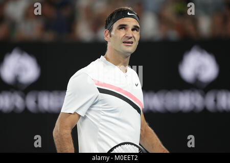 Australien. 20 Jan, 2018. Schweizer Tennisspieler Roger Federer ist in Aktion während seiner 3. Runde der Australian Open Tennis Player vs Franzosen Richard Gasquet am 20 Jan, 2018 in Melbourne, Australien. Credit: YAN LERVAL/LBA/Alamy Leben Nachrichten Quelle: Lba Co.Ltd./Alamy leben Nachrichten Stockfoto