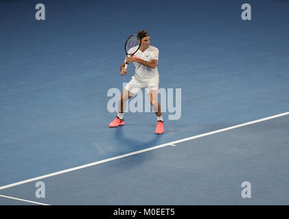 Australien. 20 Jan, 2018. Schweizer Tennisspieler Roger Federer ist in Aktion während seiner 3. Runde der Australian Open Tennis Player vs Franzosen Richard Gasquet am 20 Jan, 2018 in Melbourne, Australien. Credit: YAN LERVAL/LBA/Alamy Leben Nachrichten Quelle: Lba Co.Ltd./Alamy leben Nachrichten Stockfoto