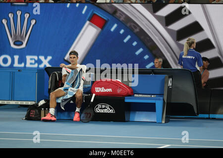 Australien. 20 Jan, 2018. Schweizer Tennisspieler Roger Federer ist in Aktion während seiner 3. Runde der Australian Open Tennis Player vs Franzosen Richard Gasquet am 20 Jan, 2018 in Melbourne, Australien. Credit: YAN LERVAL/LBA/Alamy Leben Nachrichten Quelle: Lba Co.Ltd./Alamy leben Nachrichten Stockfoto