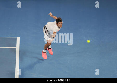 Australien. 20 Jan, 2018. Schweizer Tennisspieler Roger Federer ist in Aktion während seiner 3. Runde der Australian Open Tennis Player vs Franzosen Richard Gasquet am 20 Jan, 2018 in Melbourne, Australien. Credit: YAN LERVAL/LBA/Alamy Leben Nachrichten Quelle: Lba Co.Ltd./Alamy leben Nachrichten Stockfoto