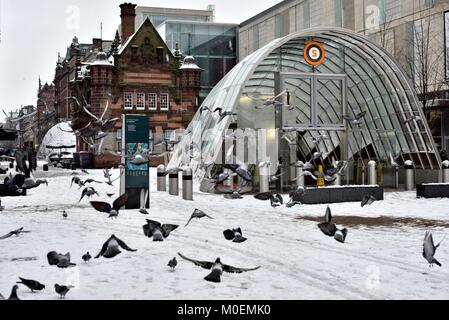 Glasgow, UK. 21 Jan, 2018. Eine Herde von Tauben nehmen Flug an einem verschneiten St Enoch U-Bahn Statiion Credit: Tony Clerkson/Alamy leben Nachrichten Stockfoto