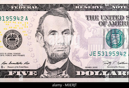 Abraham Lincoln auf fünf Dollar Bill. Stockfoto