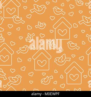 Cute nahtlose Muster mit Vögeln, birdhouses und Herzen. Vorlage für Design, Stoff, drucken. Grusskarte Valentinstag. Stock Vektor