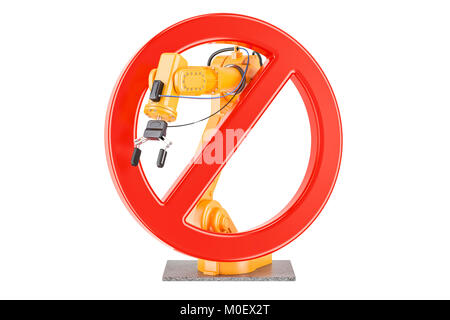 Verboten Schild mit Roboterarm, 3D-Rendering auf weißem Hintergrund Stockfoto