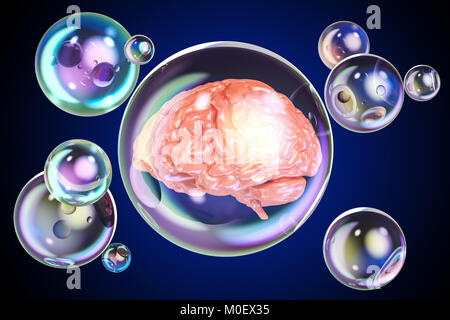 Menschliche Gehirn innen Seifenblasen, 3D-Rendering Stockfoto