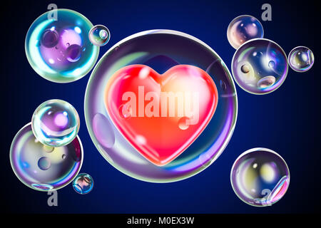 Rotes Herz in Soap Bubble, 3D-Rendering Stockfoto