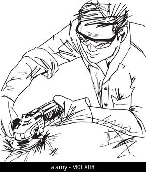 Skizze der Mann mit Kreissäge Vector Illustration Stock Vektor