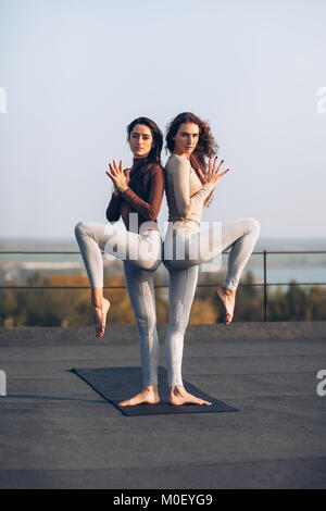 Mädchen in ständigen Paar yoga pose Zurück zum auf dem Dach im Freien. Zwei schöne Frauen, Übung im Stehen mit raise konzentriert Stockfoto