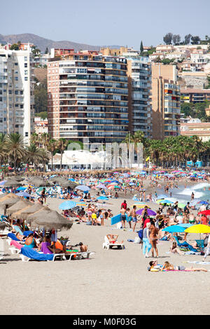 Sonnenanbeter, Touristen und Einheimische genießen die Sonne, Sand und Meer an der Playa de La Malagueta Beach Malaga, Costa del Sol in Spanien im Sommer Stockfoto