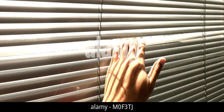 Hand, denn ein Blick durch das Fenster Jalousien Stockfoto