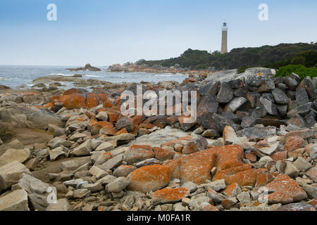 Tasmanien Binalong Strand an der Bucht von Bränden, weil der Eingeborenen Brände an der Küste und die hellen orange Flechten für den Marmor Felsen benannt Stockfoto