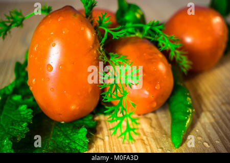 Frische und gesunde rote Tomaten mit grünen hot chili und Koriander Blätter mit Wassertropfen in ihnen hielten auf einem Holztisch Stockfoto