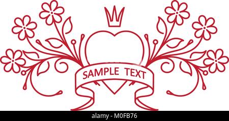 Outline style Design mit Herzen, Blumen, Krone und Zierband für Text Stock Vektor