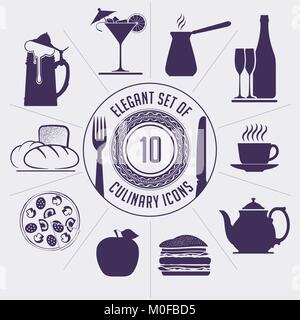 Set mit 10 kulinarischen Symbole - Kaffee Turk, Flasche Wein, Tasse, Teekanne, Hamburger, Apple, Pizza, Bäckerei, Bier und Martini. Für ihr Cafe oder Restaurant Desig Stock Vektor