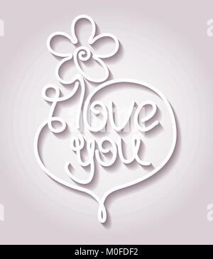 Herz aus Papier whit Blume und Text 'Ich' in Schneiden von Papier Stil liebe Stock Vektor