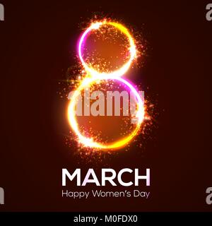 Happy Tag der Frauen. 8. März in Neon Kreise mit Leuchten und Feuerwerk. Helle 3D-Banner auf dunkelrotem Hintergrund. Grußkarte zum Internationalen Tag der Frauen. Neon Vector Illustration mit Blitzlicht. Stock Vektor