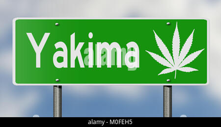 Eine 3D Rendering eines grünen Hinweisschild mit Marihuana Blatt für yakima Washington Stockfoto