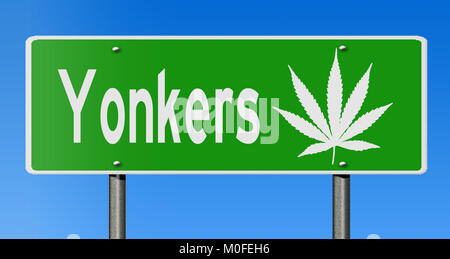 Eine 3D Rendering eines grünen Hinweisschild mit Marihuana Blatt für Yonkers Stockfoto