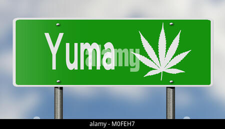 Eine 3D Rendering eines grünen Hinweisschild für Yuma mit Marihuana Blatt Stockfoto