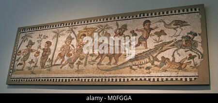 Mozaic panel mit pygmäen in einen nilotischen Szene, Römische mid-3rd Century AD, sagte, aus Nordafrika, das Metropolitan Museum der Kunst (Met), Obere Stockfoto