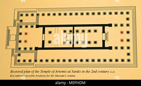 Wieder Plan des Tempels der Artemis in Sardes im 2. Jahrhundert n. Chr., (Rot zeigt mögliche Standorte für Spalte des Museums), der Metropolitan