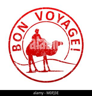 Bon Voyage - Stempel mit der Silhouette der ein Kamel in der Wüste und der kameltreiber. Grunge style Vector Illustration. Stock Vektor