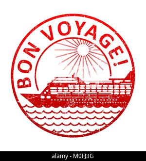 Bon Voyage - Stempel mit der Silhouette eines Kreuzfahrtschiffes im Meer. Grunge style Vector Illustration. Stock Vektor