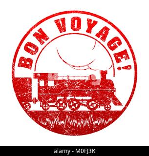 Bon Voyage - Stempel mit der Silhouette von Retro dampfbetriebene Lokomotive. Grunge style Vector Illustration. Stock Vektor