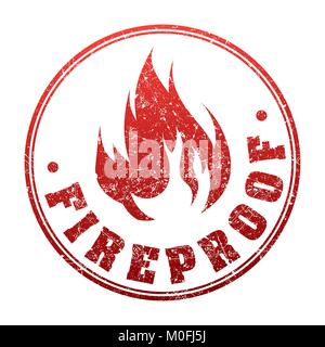Abstrakt rot grunge Gummistempel mit Bildunterschrift feuerfest und lodernde Feuer Stock Vektor
