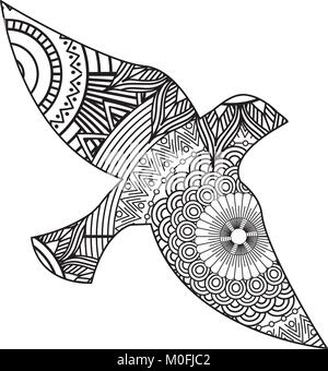 Hand für Erwachsene Malvorlagen mit Vogel fliegen zentangle monochrom Skizze gezeichnet Stock Vektor