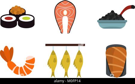 Fisch essen Icon Set, flacher Stil Stock Vektor