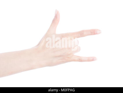 Nahaufnahme der Hand schöne Frau isoliert auf weißem Hintergrund. Rock n Roll sign Stockfoto