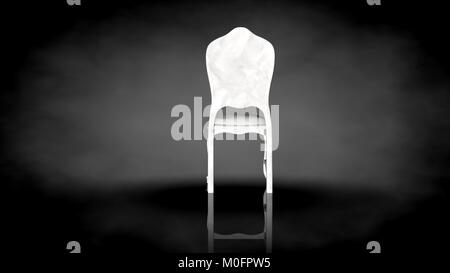 3D-Rendering von einem weißen Stuhl auf einem schwarzen Hintergrund mit bodenreflexion Stockfoto