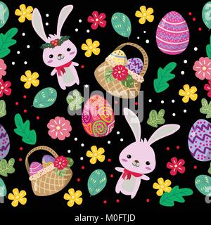 Süße Osterhase und Ostereier nahtlose Muster mit bunten Blumen auf kühlt Hintergrund für die Osterfestspiele Vector Illustration Stock Vektor