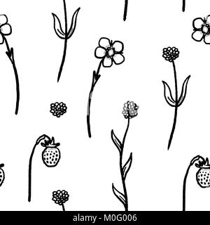 Floral background Textur - retro style Anlage Abbildung. Blumen und wilde Erdbeeren. Stock Vektor