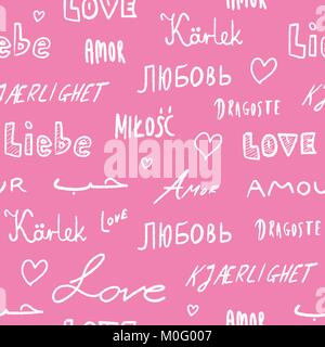 Liebe Worte Hintergrund - nahtlose Textur mit Liebe Wort in verschiedenen Sprachen. Stock Vektor