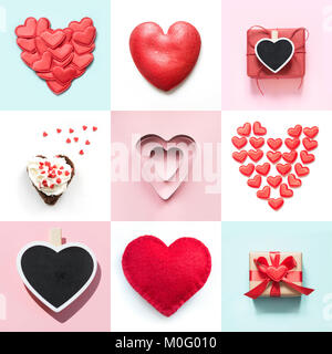 Valentines Tag collage design mit verschiedenen Herzform, Geschenkbox. Blick von oben. Flach. Konzept. Stockfoto