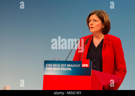 Bonn, Deutschland. 21. Januar 2018. Malu Dreyer, Ministerpräsident von Rheinland-Pfalz. SPD-Sonderparteitag im World Conference Center Bonn zu erörtern und zu genehmigen, die Optionen in eine Große Koalition mit der CDU, Christdemokraten zum eingeben, bevor sie der SPD-Mitglieder zur Genehmigung vor. Stockfoto