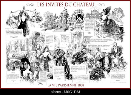 Französische satirische Zeitschrift La vie parisienne 1888, zentrale Seite: les invités du Chateau - Schloss Gäste, Humor, Karikaturen, Porträts Stockfoto