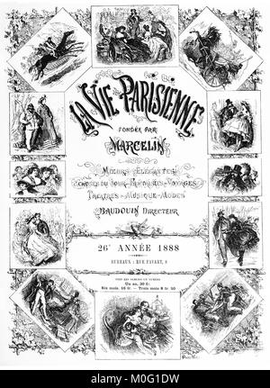 Französische satirische Zeitschrift La vie parisienne 1888, jährliche Sammlung vordere Abdeckung, Humor, Karikaturen, Porträts Stockfoto