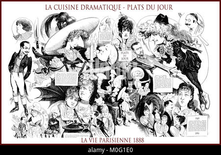 Französische satirische Zeitschrift La vie parisienne 1888, zentrale Seite: La cuisine dramatique, plats du jour - Drama Küche, heute-Liste. Humor, Karikaturen, Porträts Stockfoto