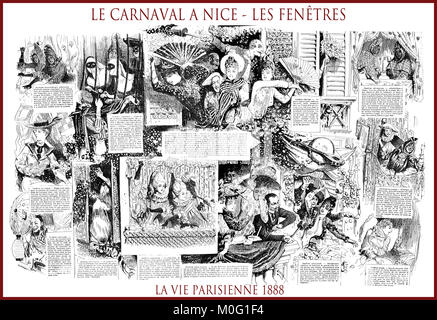 Französische satirische Zeitschrift La vie parisienne 1888, zentrale Seite: Le Carnaval, eine Schöne, Les fenêtres - Karneval in Nizza aus dem Fenster. Humor, Karikaturen, Porträts Stockfoto