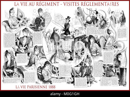Französische satirische Zeitschrift La vie parisienne 1888, zentrale Seite: la vie au régiment-Regiment leben. Humor, Karikaturen, Porträts Stockfoto