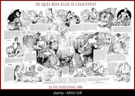 Französische satirische Zeitschrift La vie parisienne 1888, zentrale Seite: de Quel bois Elles se chauffent, Humor, Karikaturen, Porträts Stockfoto