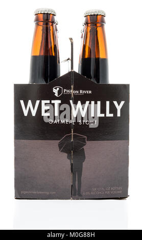 Winneconne, WI - 17. Januar 2018: ein Six Pack von Wet Willy oatmeal Stout Bier auf einem isolierten Hintergrund. Stockfoto