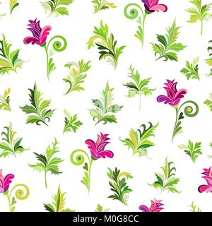 SeamlessSeamless floralen Muster. Einfache rosa Blüten mit grünen Blättern auf weißem Hintergrund. Vektor floralen Muster. Einfache Blume auf weißem Hintergrund. Vektor Stock Vektor