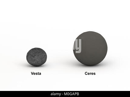 Dieses Bild stellt die Größe Vergleich zwischen Zwergplaneten Ceres und Vesta in eine präzise und wissenschaftliche Design. Dies ist ein 3-D-Rendering. Stockfoto