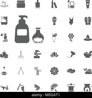 Körper und Gesicht Pflege Lotion Symbol. Wellness und Erholung vektor Symbole. Satz von 33 spa Symbole Stock Vektor