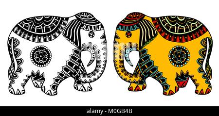 Vektor handgezeichnete Farbe tattoo doodle Dekoriert mit indischen Elefanten Stock Vektor