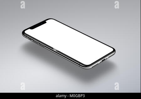 Ähnlich wie das iPhone X perspektivische Ansicht Isometrische smartphone Mockup schwebt über einer grauen Fläche. Neue rahmenlose Smartphone mockup mit weißer Bildschirm. Stockfoto